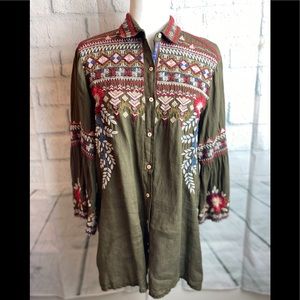 JOHNNY WAS LINEN & EMBROIDERED BUTTON DOWN